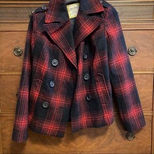 Old Navy Red and Black Plaid Pea Coat